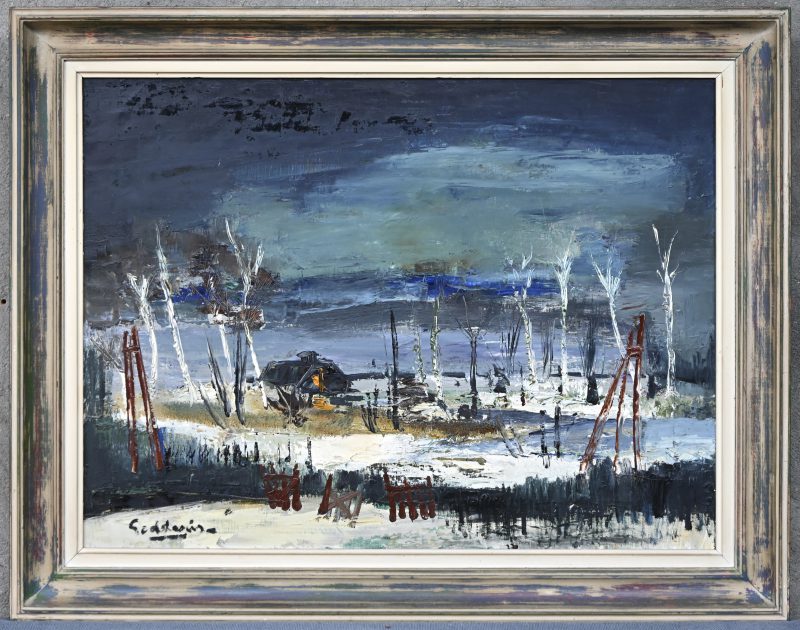 “Nachtelijk winterlandschap”, een schilderij, olieverf op doek, gesigneerd Godderis.