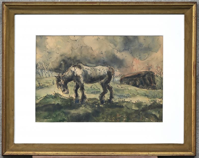 “Het oude paard en de zigeunerwagen”, een lithografie in kleur door Alfred Ost. Monogram binnen de plaat.