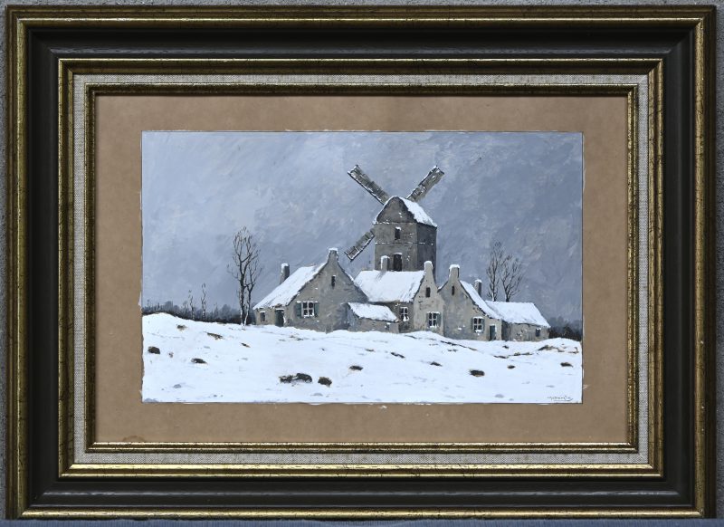 “Winterlandschap met molen”, gemengde techniek op papier, gesigneerd G. Denis.