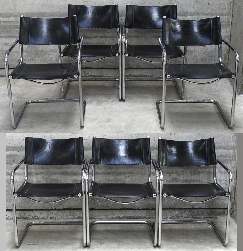 Een lot van 7 vintage gechromeerde buisframe armstoelen met lederen zitting. In de stijl van model MG5 door Mart Stam & Marcel Breuer voor Matteo Grassi.