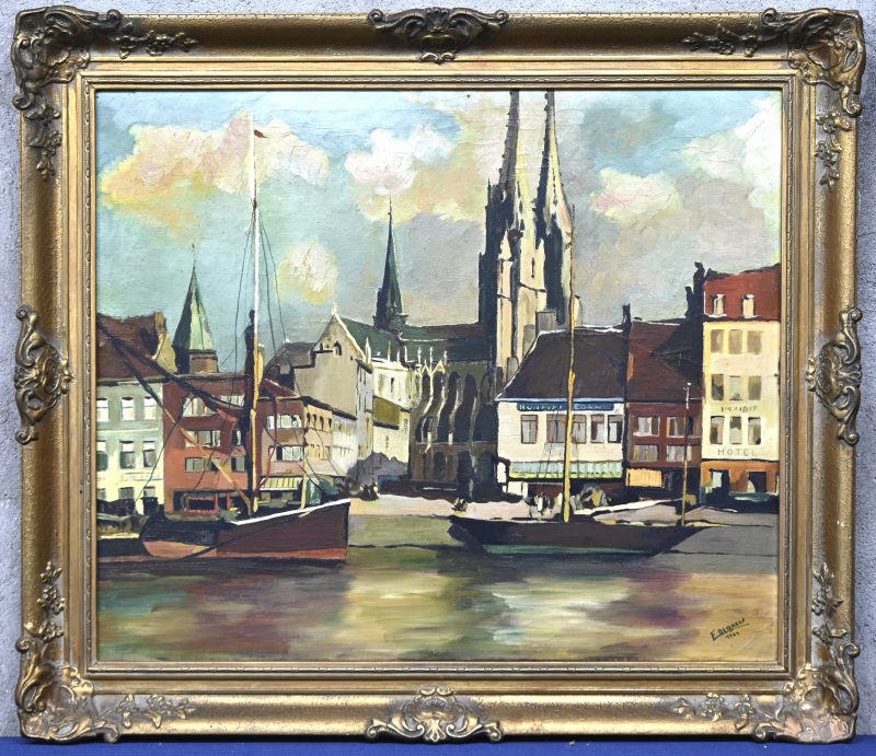 “Oostende”. Een schilderij, olieverf op doek. Onderaan gesigneerd en gedateerd 1964.