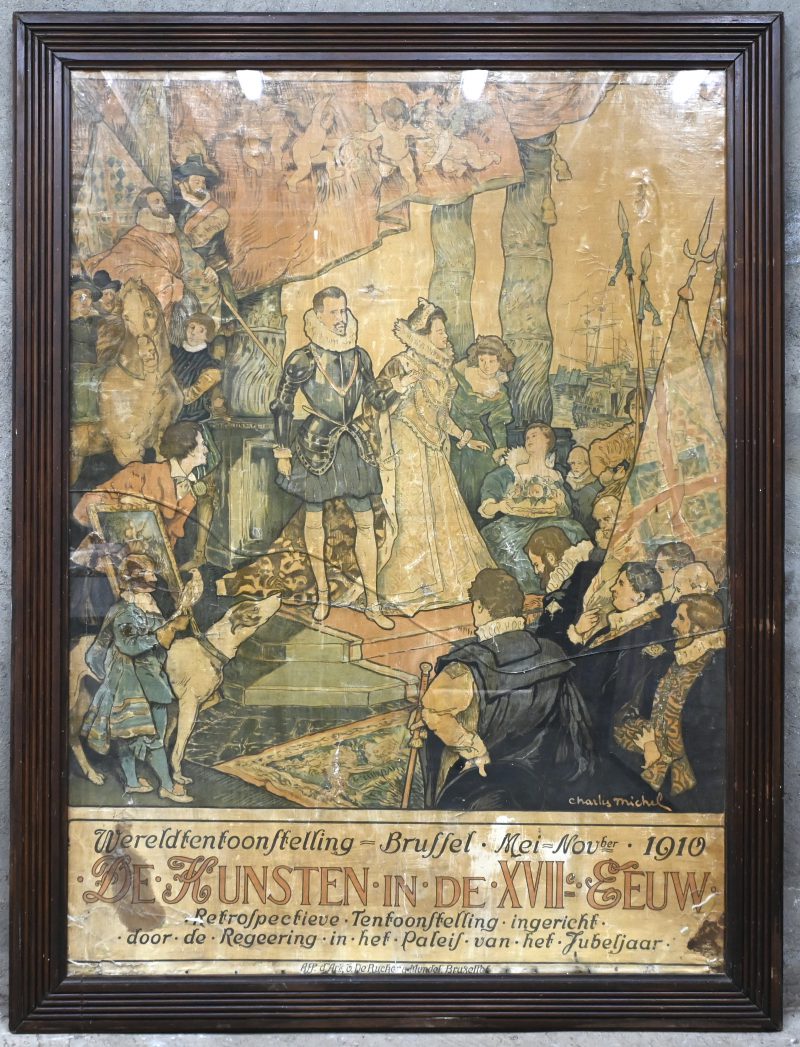 “Wereldtentoonstelling van Brussel mei - november 1910”, een schilderij, olieverf op gemaroufleerd doek, gesigneerd Charly Michel. Gebarsten glas. Schade aan het doek.