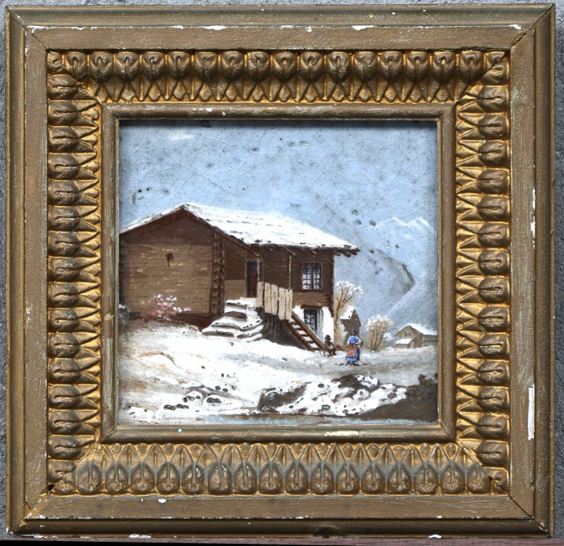 “Winters Bergdorp”. Een schilderij op porseleinen tegel.