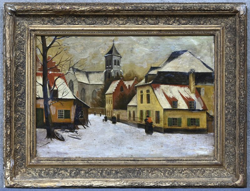 “Winters dorpszicht”. Een schilderij, olieverf op doek. Onderaan gesigneerd.