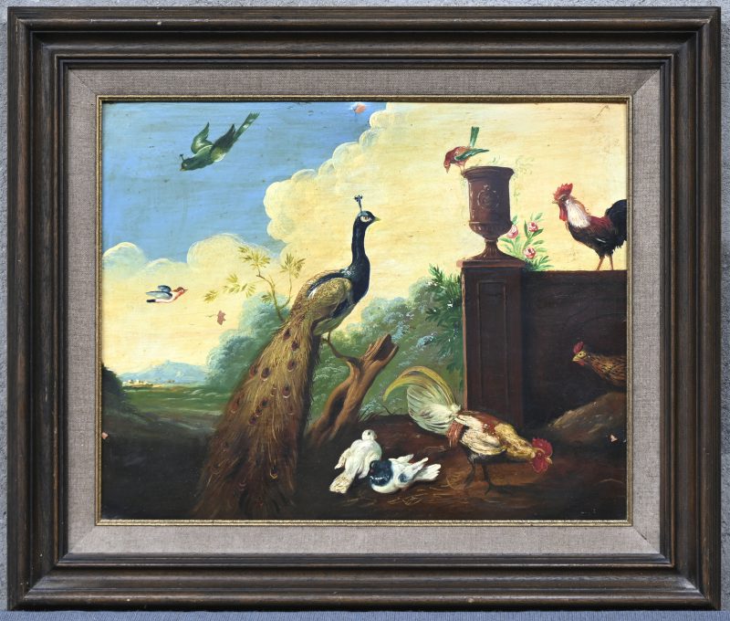 “Vogels op het erf”. Een schilderij, olieverf op koperpaneel. Een plekjes met verfschade.