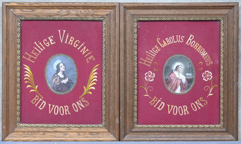 “Heilige Virginie” & “Heilige Carolus Borromeus”, (bid voor ons). Een lot van 2 schilderijen, olieverf op paneel met ovaal geborduurd passe-partout.