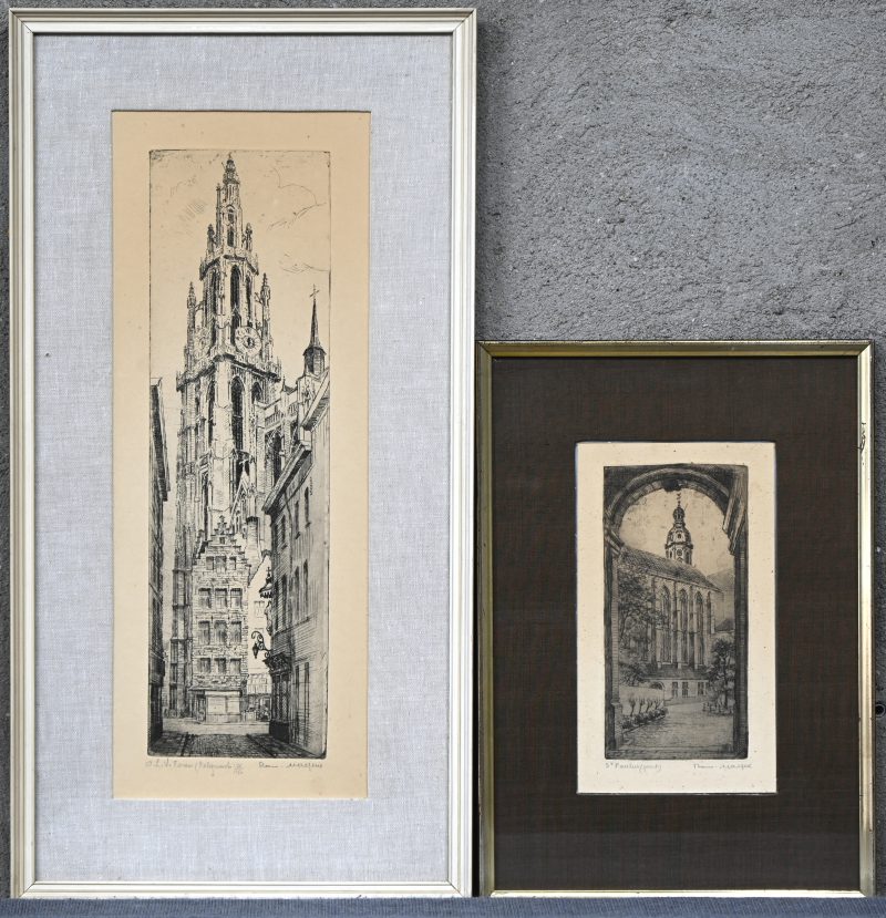 “O.L.V. Toren” & “St-Paulus (poort)”. Een lot van 2 etsen op papier. Onderaan buiten de plaat gesigneerd en getiteld.