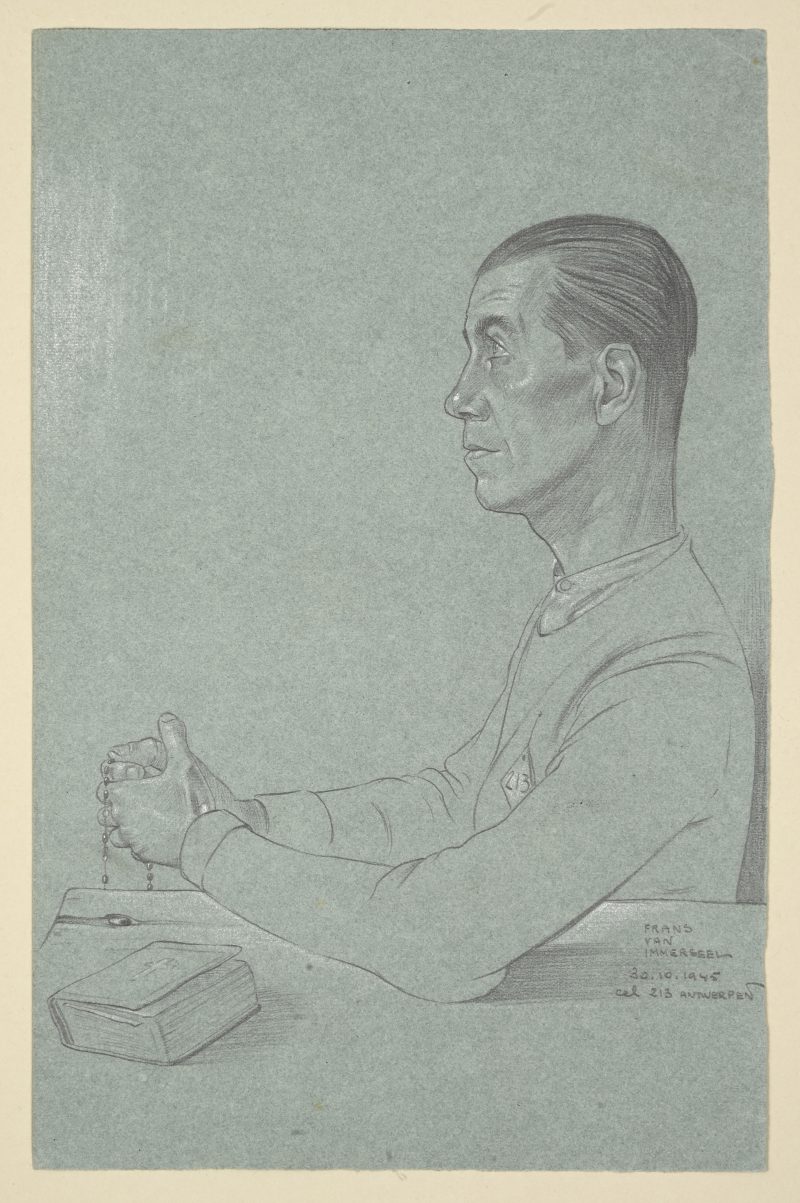 “Zelfportret in Cel 212 te Antwerpen, 30/10/1945”. Potlood op grijs papier, gesigneerd. Van Immerseel werd ter dood veroordeeld wegens collaboratie, als lid van het Vlaams Legioen.