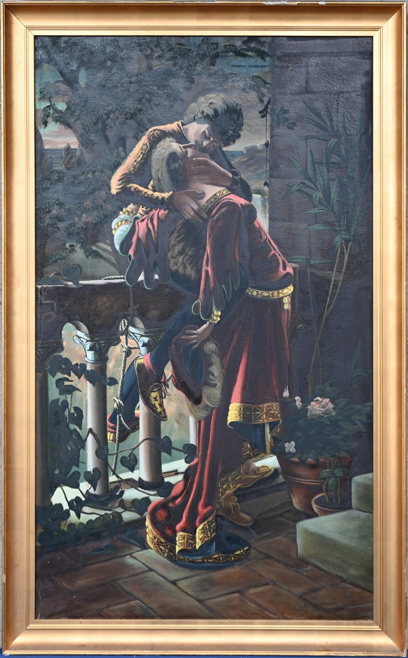 “Romeo and Juliet on the balcony”. Een schilderij, olieverf op doek, onderaan gesigneerd “Lindberg”. Naar het werk van Julius Kronberg.