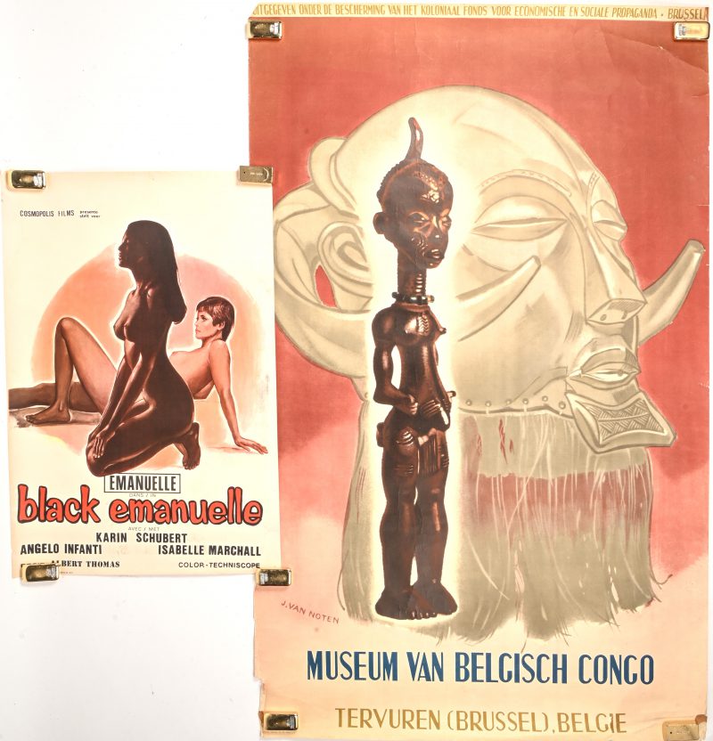 “Museum van Belgisch Congo”, een affiche, ca 1955 voor het Afrikamuseum in Tervuren ontworpen door Jean Van Noten. Met randschade. Toegevoegd een kleine filmaffiche van Black Emanuelle uit 1975.