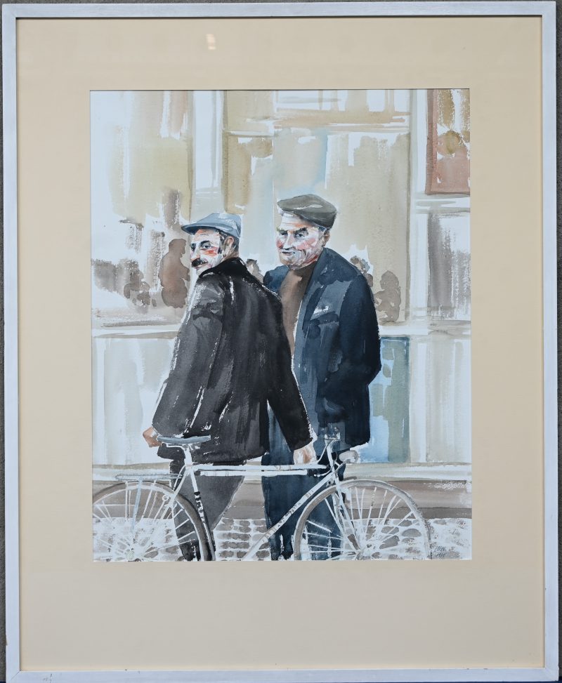 “Heren bij de fiets”. Een schilderij, aquarel op papier. Onderaan gesigneerd.