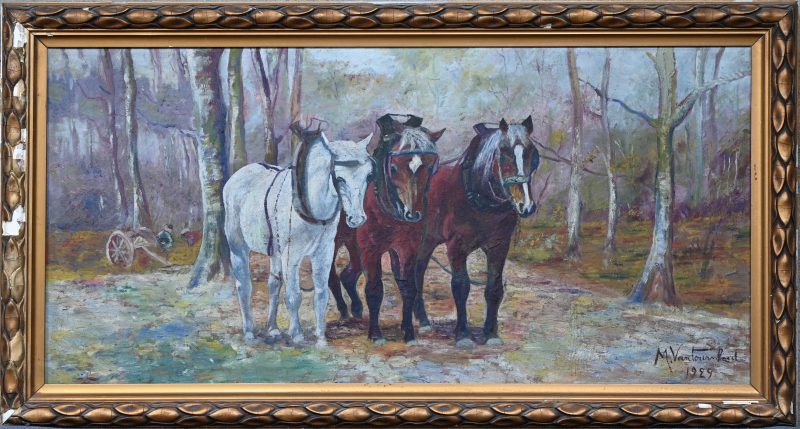 “3 trekpaarden”. Een schilderij, olieverf op doek. Onderaan gesigneerd en gedateerd.