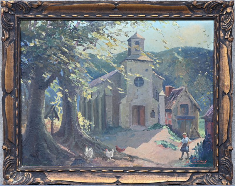 “Kerk aan bergdorp”. Een schilderij, olieverf op doek. Onderaan gesigneerd.