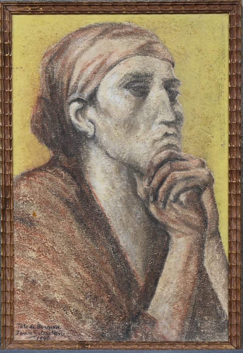 “Mijnwerker”. Een tekening, pastel op papier. Onderaan gesigneerd, getiteld en gedateerd.