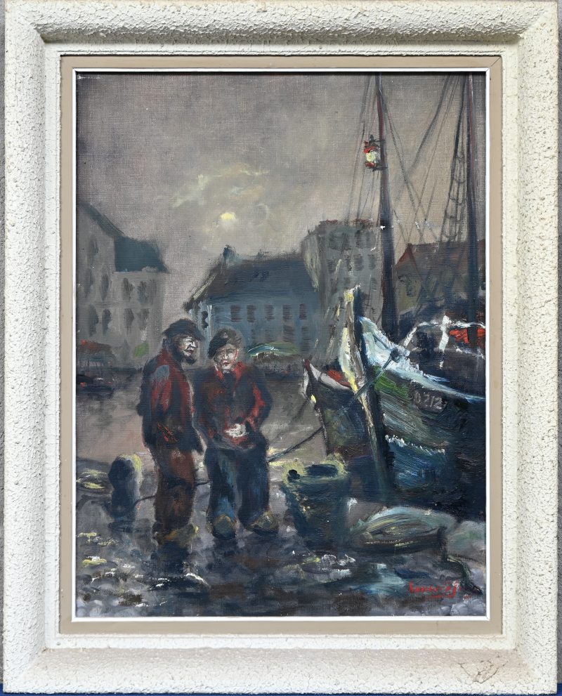 “Twee vissermannen”. Een schilderij, olieverf op doek. Onderaan gesigneerd.