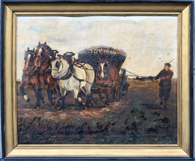 “Boerenkar met trekpaarden”, een schilderij, olieverf op paneel, gesigneerd A.D. Meule en gedateerd 1926.