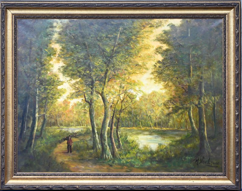 “Boszicht”, een schilderij, olieverf op doek, gesigneerd M. Van Laere.