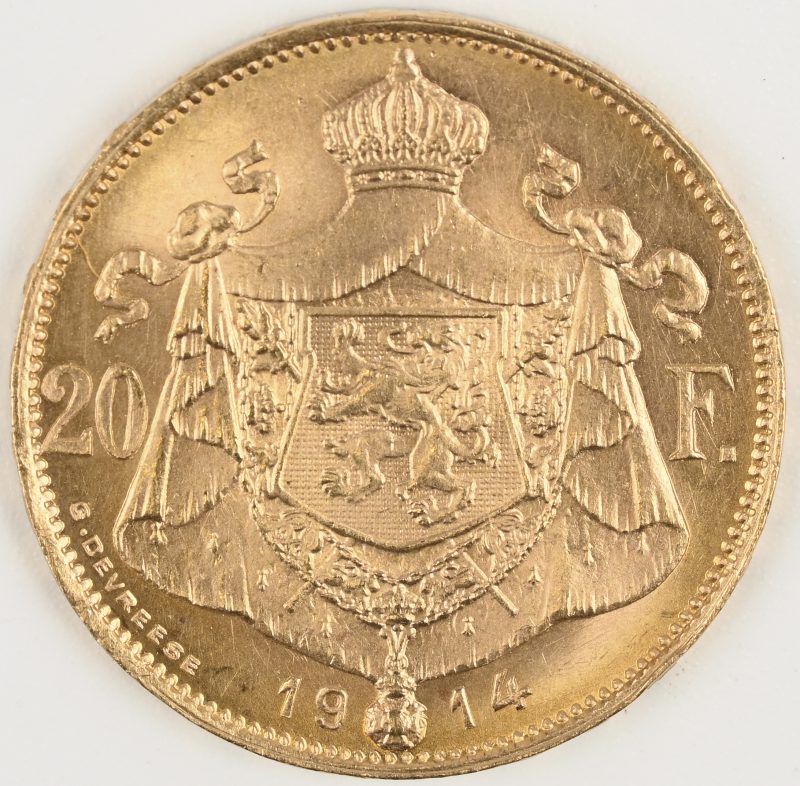 Een gouden munt. Albert I, 20 Bef. 6,45 g, 900/1000. Pos. A, Frans.