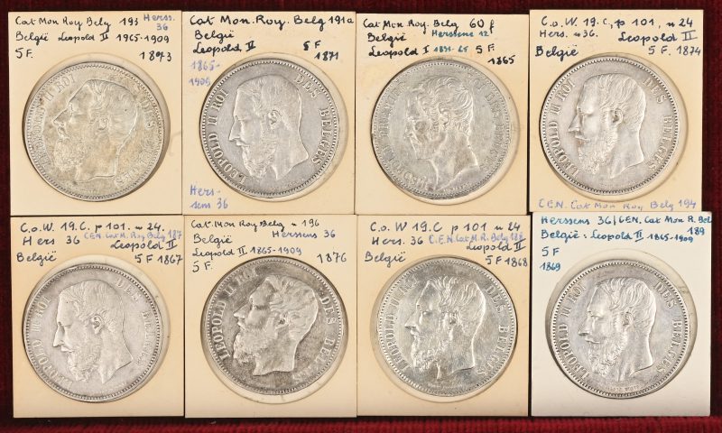 8 zilveren munten, telkens 25 g, 900/1000. Leopold I, 5 Bef. 1865 Met punt. Leopold II, 5 Bef. 1867, 1868, 1869, 1871, 1874, 1875, 1876.