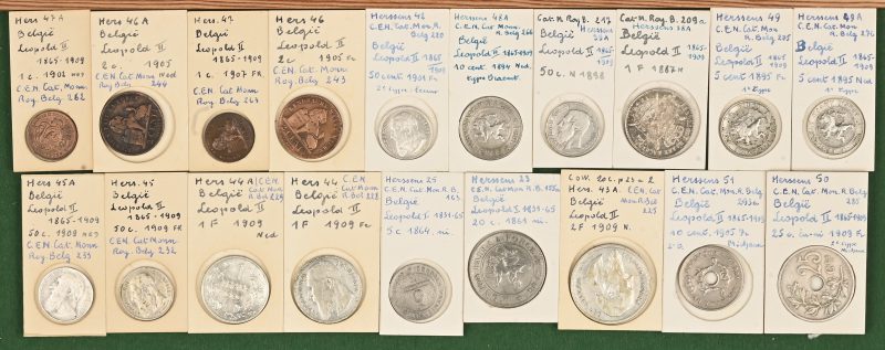 19 Belgische munten, Leopold I, 5 c, 1864, CuNi, 20 c, 1861, CuNi en Leopold II, 1 c, 1902 Nl en 1907 Fr, Cu; 2 c, 1905 Fr (2 x), Cu; 5 c, 1895 (Nl en Fr), CuNi; 10 c, 1894 Nl en 1905 Fr, Michaux, CuNi; 25 c, 1909 Fr, Michaux, CuNi; 50 c, 1898 Nl, 1909 Fr (2 x) en Nl, Ag 835/1000, 3 x 2,5 g; 1 Bef, 1887 Nl en 1909 Fr (2 x), Ag 835/1000, 3 x 5 g; 2 Bef, 1909 Nl, Ag 835/1000, 10 g.