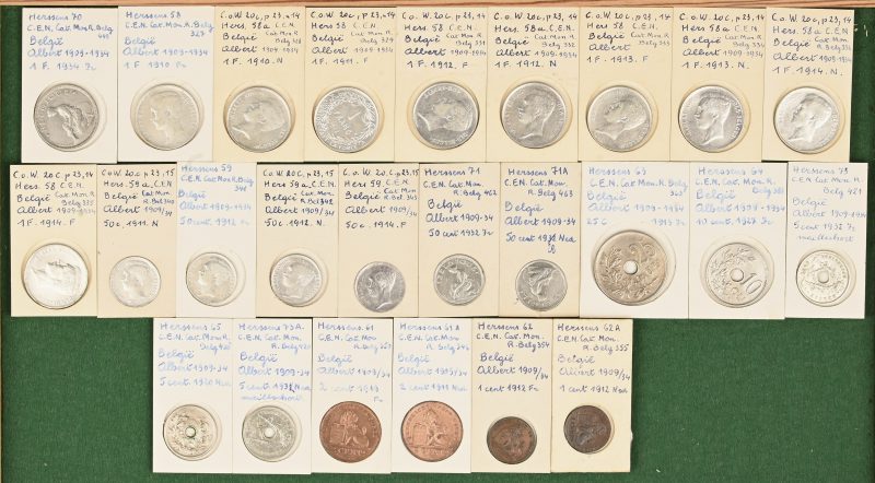 25 Belgische munten, Albert I, 1 Bef, 1910 Nl & Fr, 1911 Fr, 1912 Nl & Fr, 1913 Nl & Fr, 1914 Nl & Fr, Ag 835/1000, 5 g. 1 Bef, 1934 Fr, Ni. 50 c, 1911 Nl, 1912 Nl & Fr, 1914 Fr, Ag 835/1000, 2,5 g. 50 c, 1928 Nl, 1932 Fr, Ni. 25c, 1913 F, 10 c, 1927 F, 5 c, 1932 F, 1920 N, 1932 N, alle CuNi. 2c, 1919 Fr, 1911 Nl, 1 c, 1912 Nl & Fr, alle Cu.