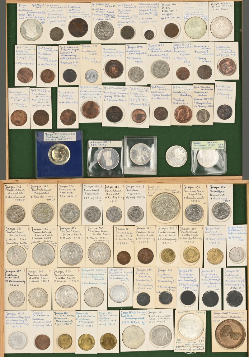 Een lot van 72 Duitse munten. Reich, Republik, Dritte Reich, Bundesrepublik, D.D.R. van 1739 tot 1977. Zilver, koper, nikkel, ...