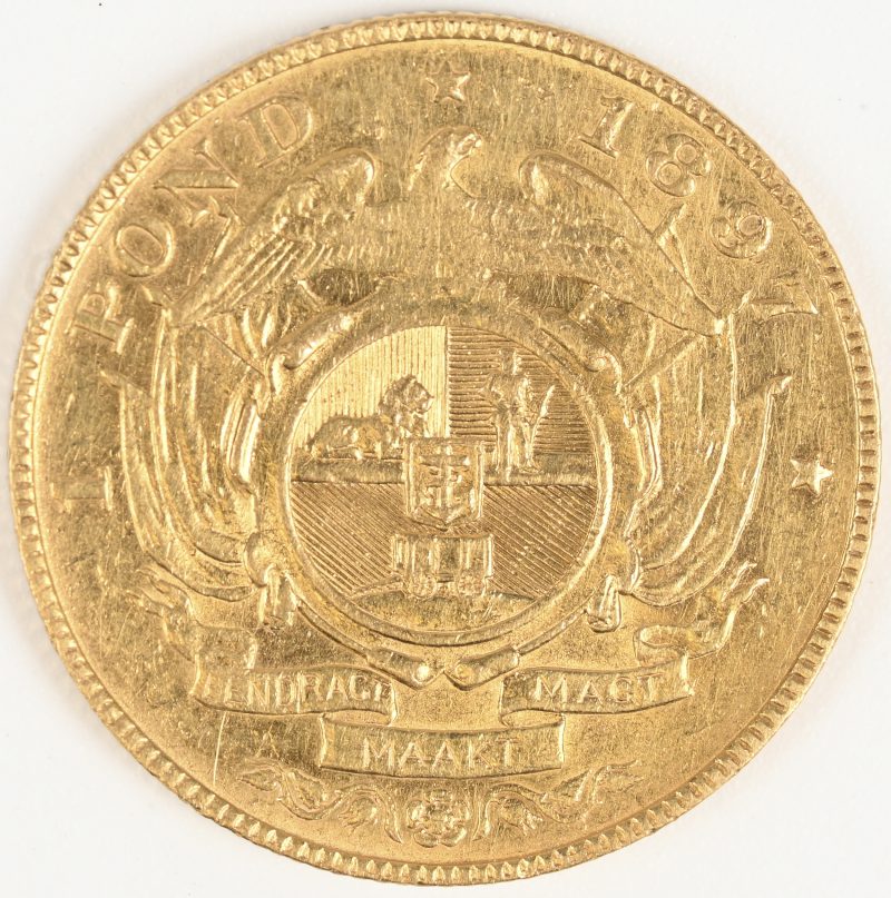 Een gouden munt. Suid Afrikaansche Republiek, 1 Pond Kruger 1897. Au 916,7/1000 8 g.