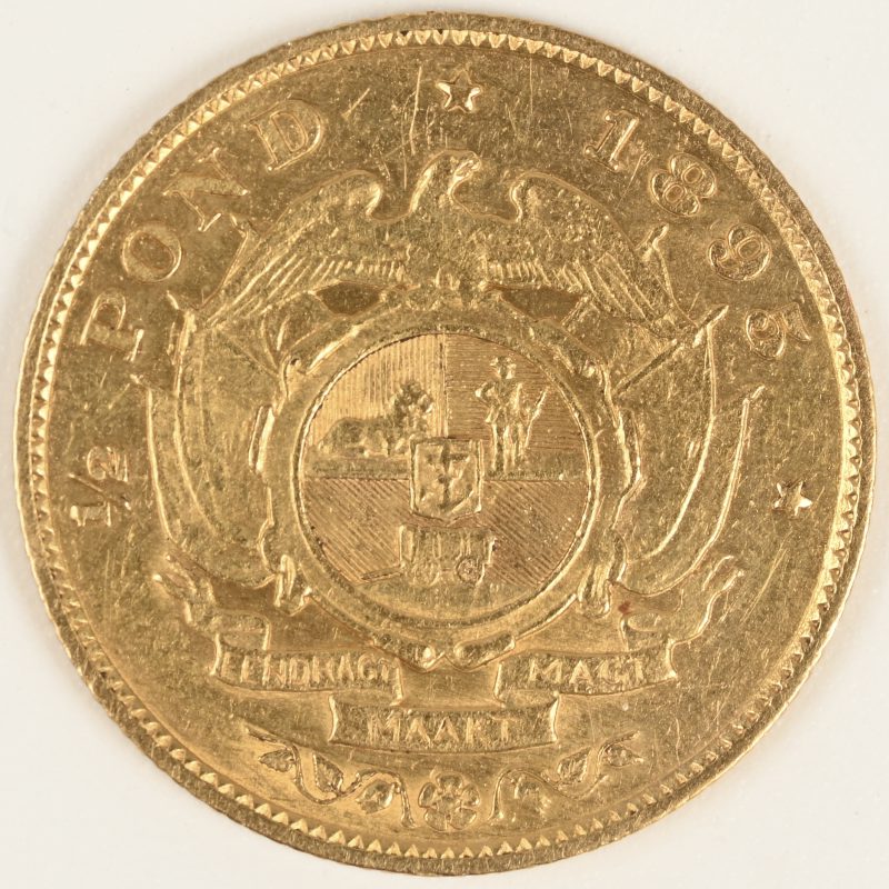 Een gouden munt. Suid Afrikaansche Republiek, 1/2 Pond Kruger 1897. Au 916,7/1000 3,99 g.