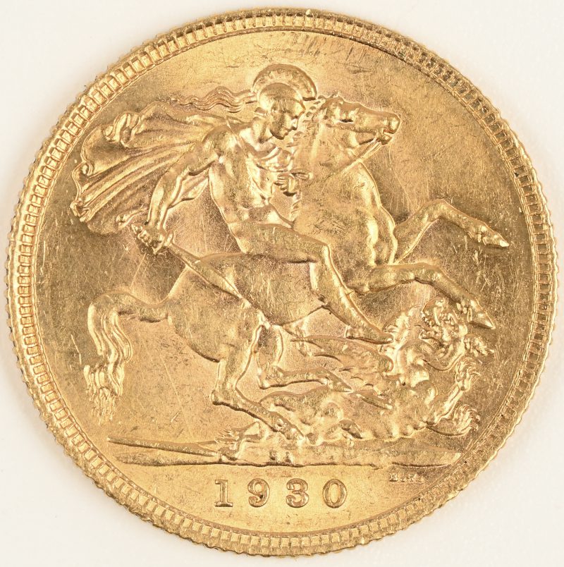 Een gouden munt. Zuid-Afrika, George V,  1 Sovereign 1930. Au 916,7/1000 7,99 g. Muntersmerk S.A.