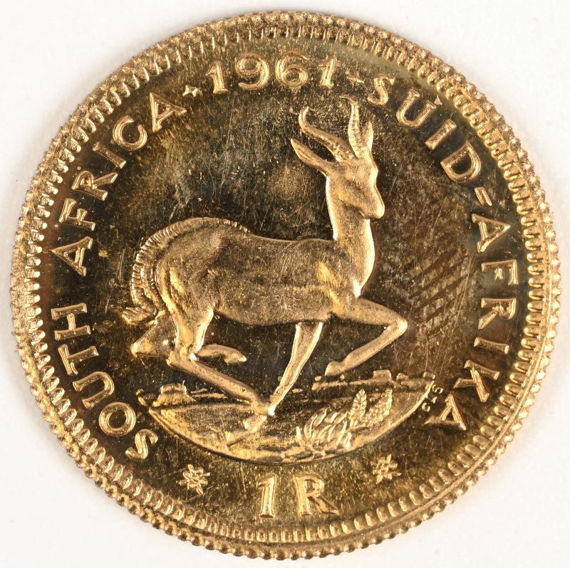 Een gouden munt Zuid-Afrika. 1 Rand 1961. Au 917/1000, 3,99 g.