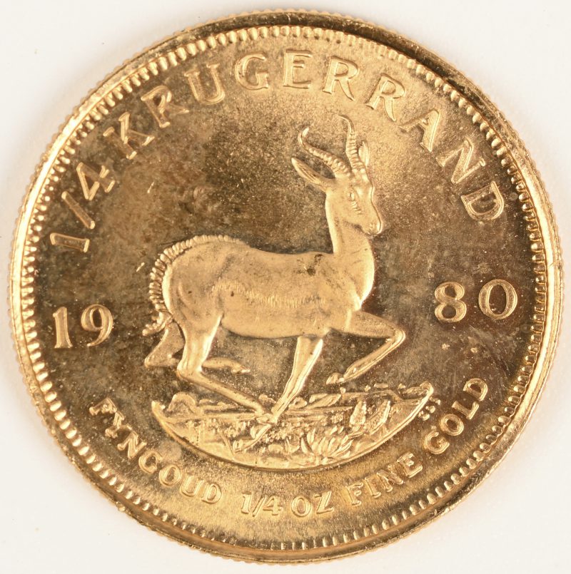 Een gouden munt Zuid-Afrika. 1/4 Krugerrand 1980. Au 917/1000, 8,48 g. Gekocht als proof in 1980.