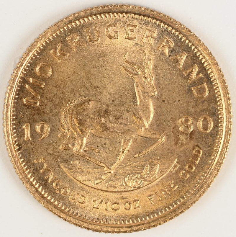 Een gouden munt Zuid-Afrika. 1/10 Krugerrand 1980. Au 917/1000, 3,39 g. Gekocht als proof in 1980.