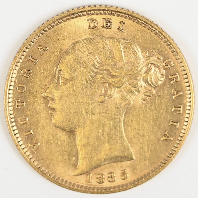 Een gouden munt, Verenigd Koninkrijk. Victoria 1/2 Pound 1885, Au 916,7/1000 3,99 g.