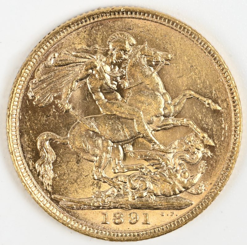 Een gouden munt, Verenigd Koninkrijk. Victoria (2de portret) 1 Pound 1891, Au 916,7/1000 7,99 g.