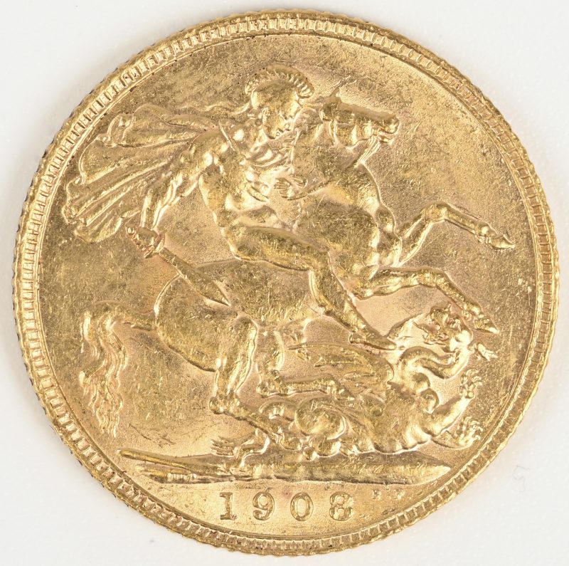 Een gouden munt, Verenigd Koninkrijk. Edward VII, 1 Pound 1908, Au 916,7/1000 7,99 g.