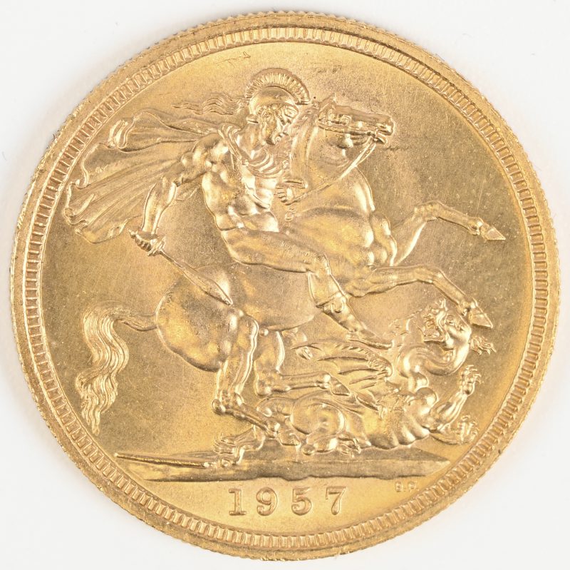 Een gouden munt, Verenigd Koninkrijk. Elizabeth II, 1 Pound 1957, Au 916,7/1000 7,99 g.