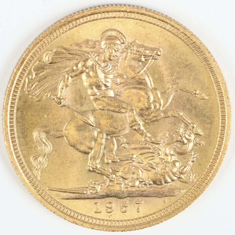 Een gouden munt, Verenigd Koninkrijk. Elizabeth II, 1 Pound 1957, Au 916,7/1000 7,99 g.