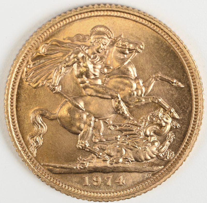 Een gouden munt, Verenigd Koninkrijk. Elizabeth II, 1 Pound 1974, Au 916,7/1000 7,99 g.