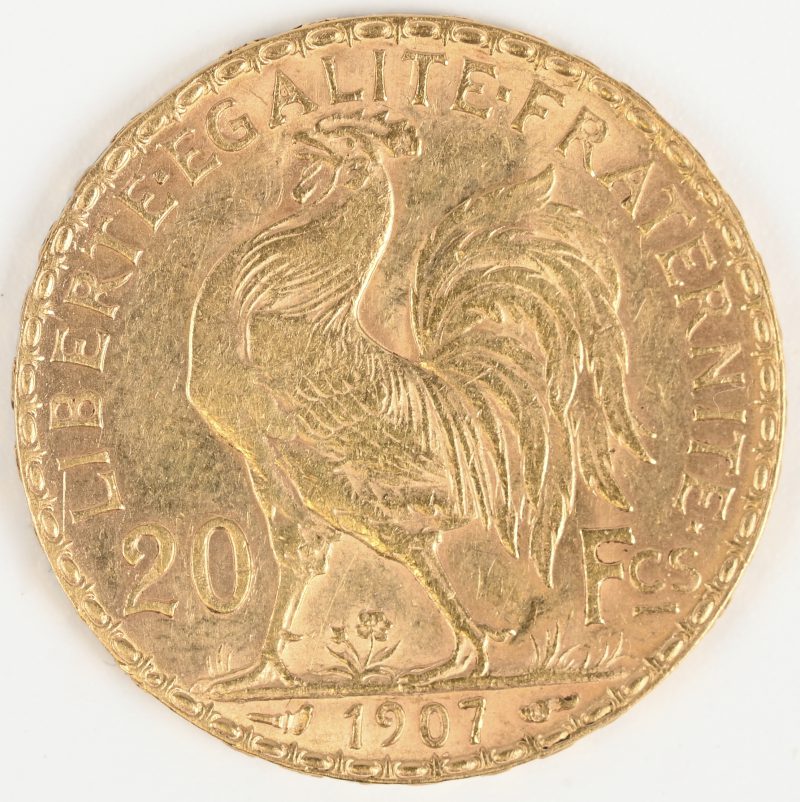 Een gouden munt uit Frankrijk. 20 francs, 1907, Au 900/1000 6,45 g.