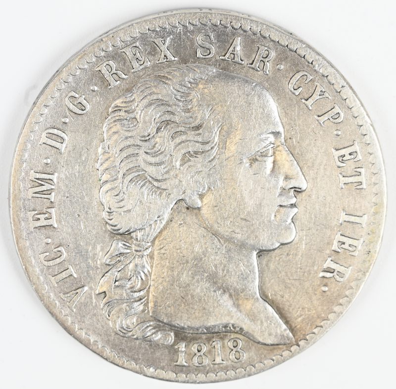 Een zilveren munt uit Italië. 5 Lire, Victor Emmanuel 1818, Koninkrijk Sardinië. Ag 900/1000 24,62 g.