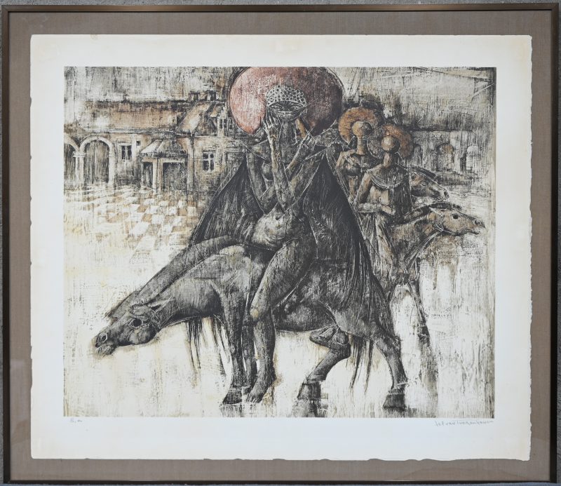 “Te paard”, een lithografie in kleur, gesigneerd in potlood buiten de plaat Jef Van Tuerenhout.