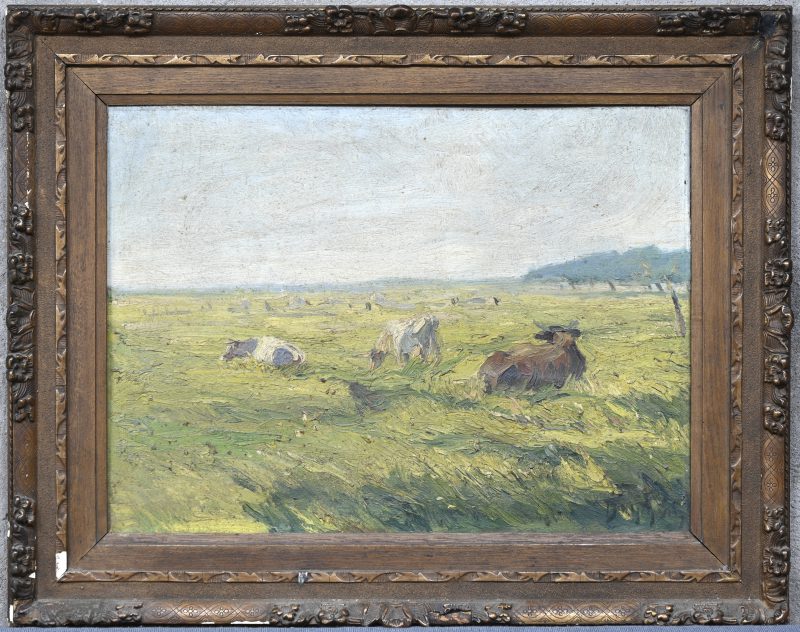 “Koeien op de heide bij Brugge”, eerste helft 20ste eeuw, een schilderij, olieverf op doek gemaroufleerd op paneel. Gesigneerd Eddy Buyck.