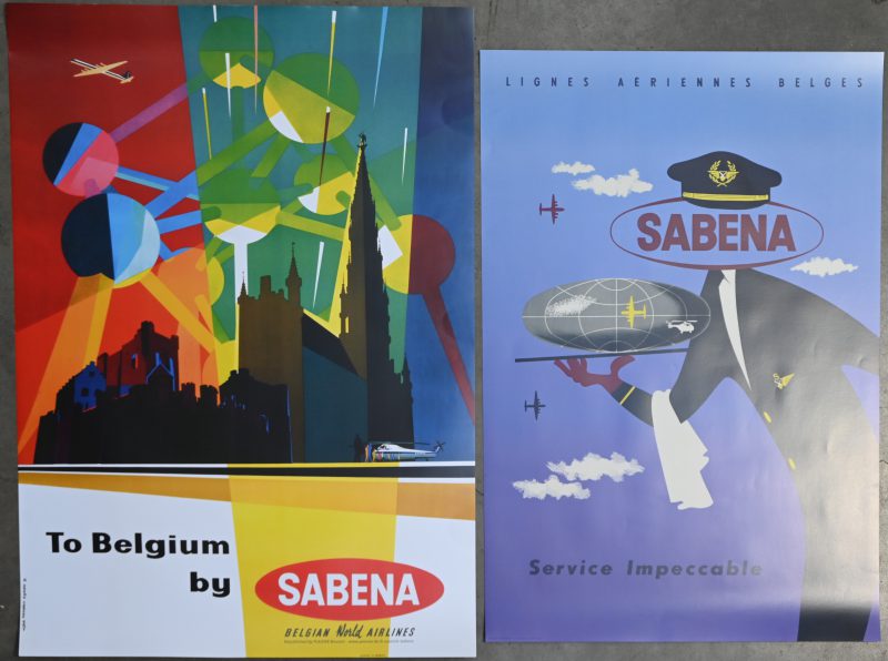 “To Belgium by Sabena” & “Service Impeccable”. Een lot van 2 Sabena posters. Republished by PLAIZIER Brussels, curatele Sabena.