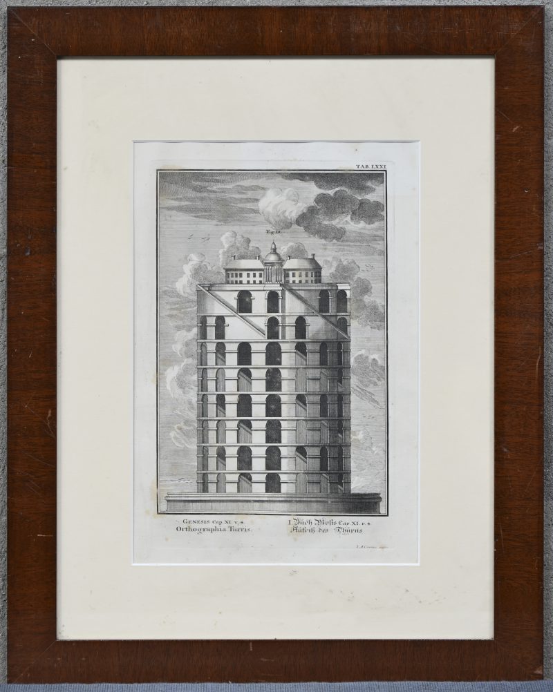 “Toren van Babel”. Een kopergravure op papier. Onderaan in de plaat gesigneerd.