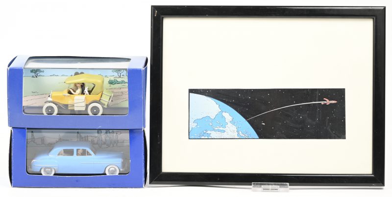 Tintin, Editions Atlas. Een lot van 2 miniatuur autootjes uit de Kuifje reeks; “Objeectif Lune” & “Tintin au Congo”, in originele doos. Bijgevoegd printje op papier.