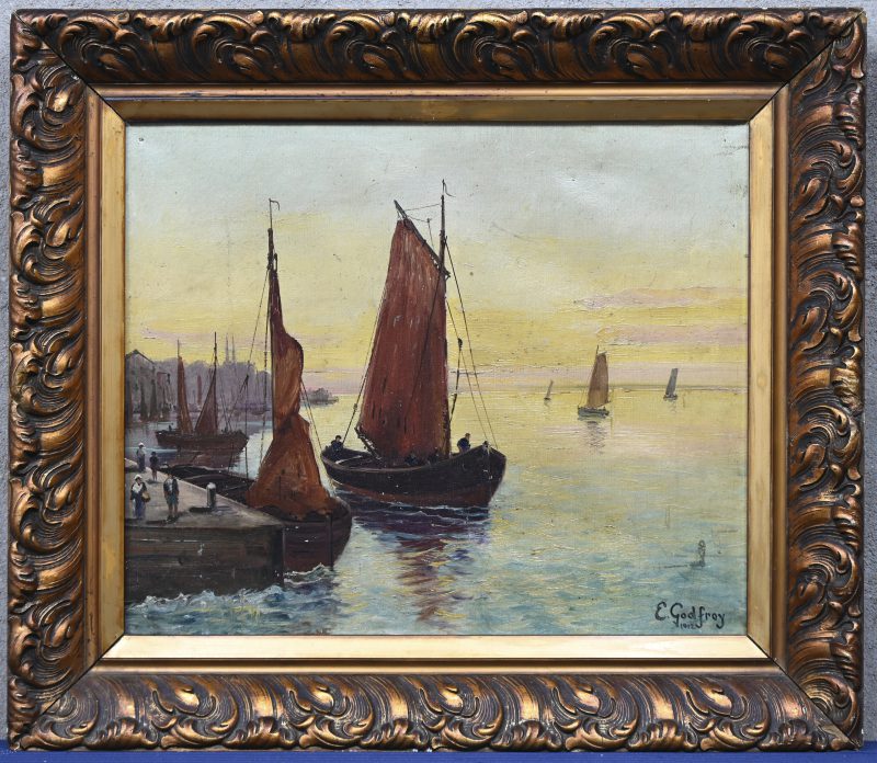 “Kadezicht”, een schilderij, olieverf op doek, gesigneerd E. Godfroy en gedateerd 1912. Klein gaatje in de linker bovenhoek.