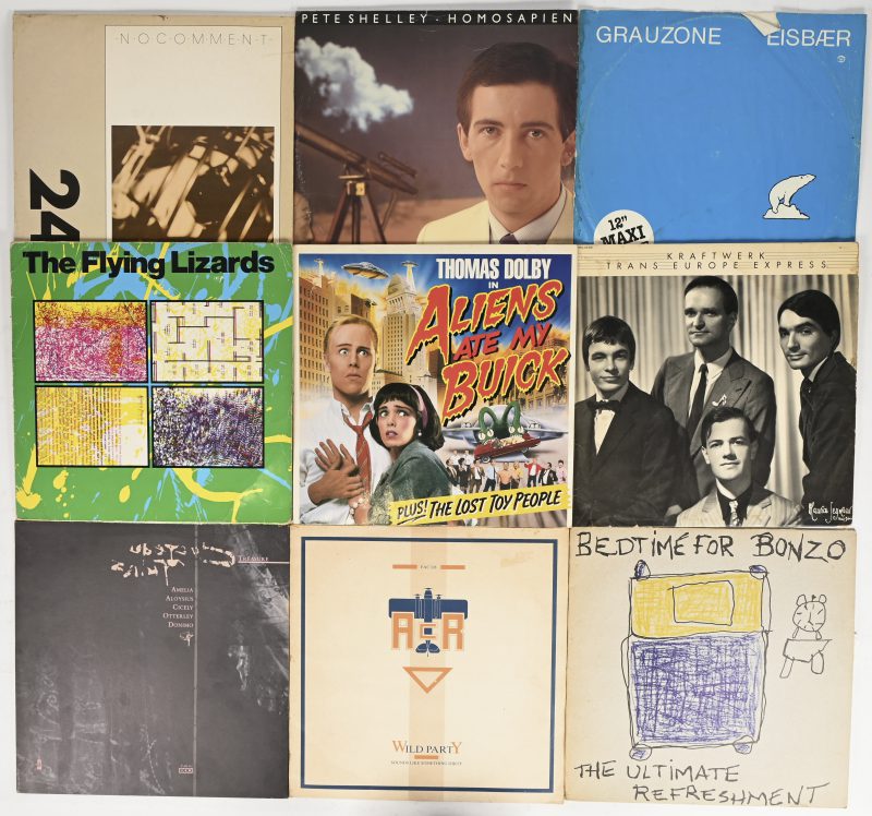 Een lot van 9 lp’s in het overwegend elektronische gènre van de jaren 80 bestaande uit: Front 242, No Comment - Grauzone, Eisbaer (gescheurde hoes) - Pete Shelley, Homosapien - Kraftwerk, Trans Europe Express - Thomas Dolby, Aliens ate my Buick - The Flying Lizards, self titled - Bedtime For Bonzo, The Ultimate Refreshment - AcR, Wild partY en Cocteau Twins, Treasure.