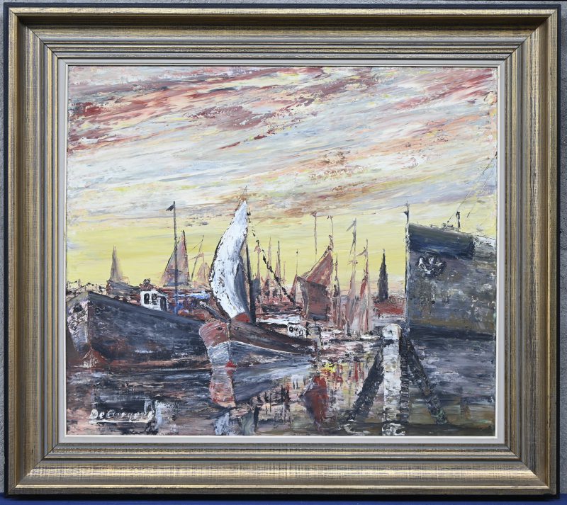 “Havenzicht”. Een schilderij, olieverf op doek. Onderaan gesigneerd.