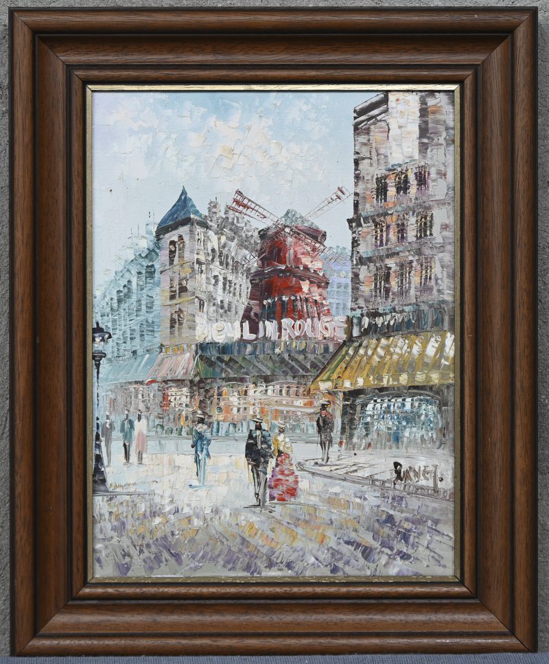 “Moulin Rouge”. Een schilderij, olieverf op doek. Onderaan gesigneerd.