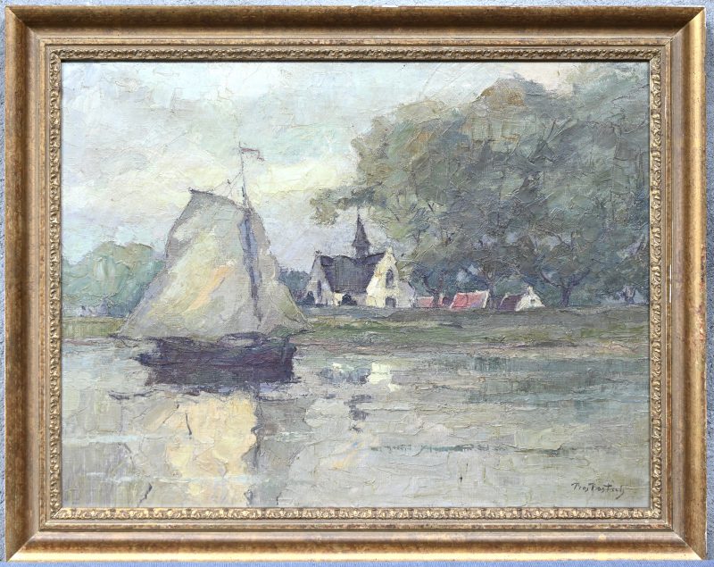 “Het kerkje van Vlassenbroek aan de Schelde”, een schilderij, olieverf op doek, gesigneerd Pros Bosteels.